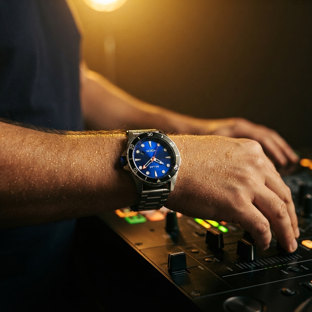 Close-up of watch and hand on DJ mixer faders