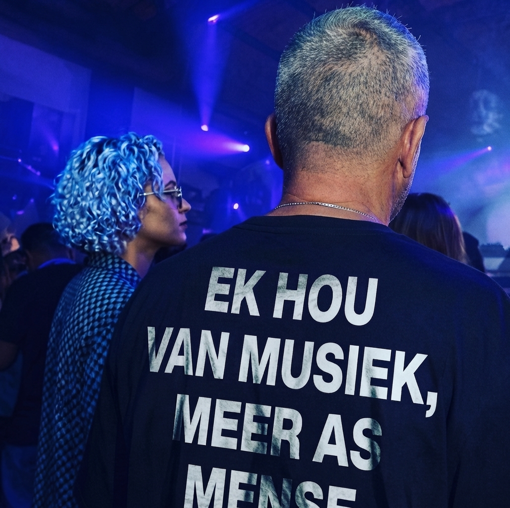 Ek Hou Van Musiek, Meer As Mense t-shirt at a club event