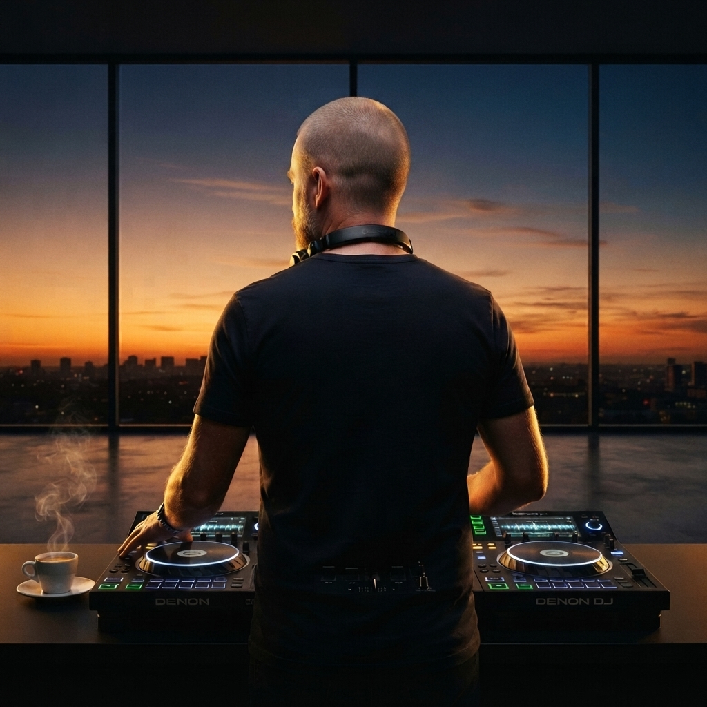 WitKoffie at Denon DJ decks with coffee cup, sunset cityscape behind
