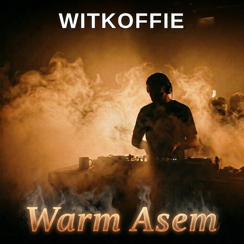 Warm Asem cover art — WitKoffie silhouette behind DJ decks with warm amber smoke